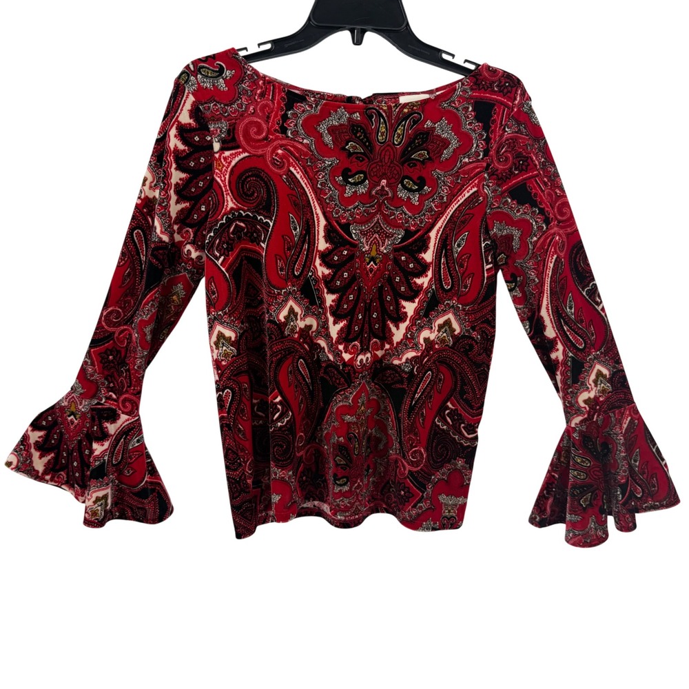 Chico's Paisley‎ Print Flared Sleeve Top Size 0 Red Black Bohemian Blouse
